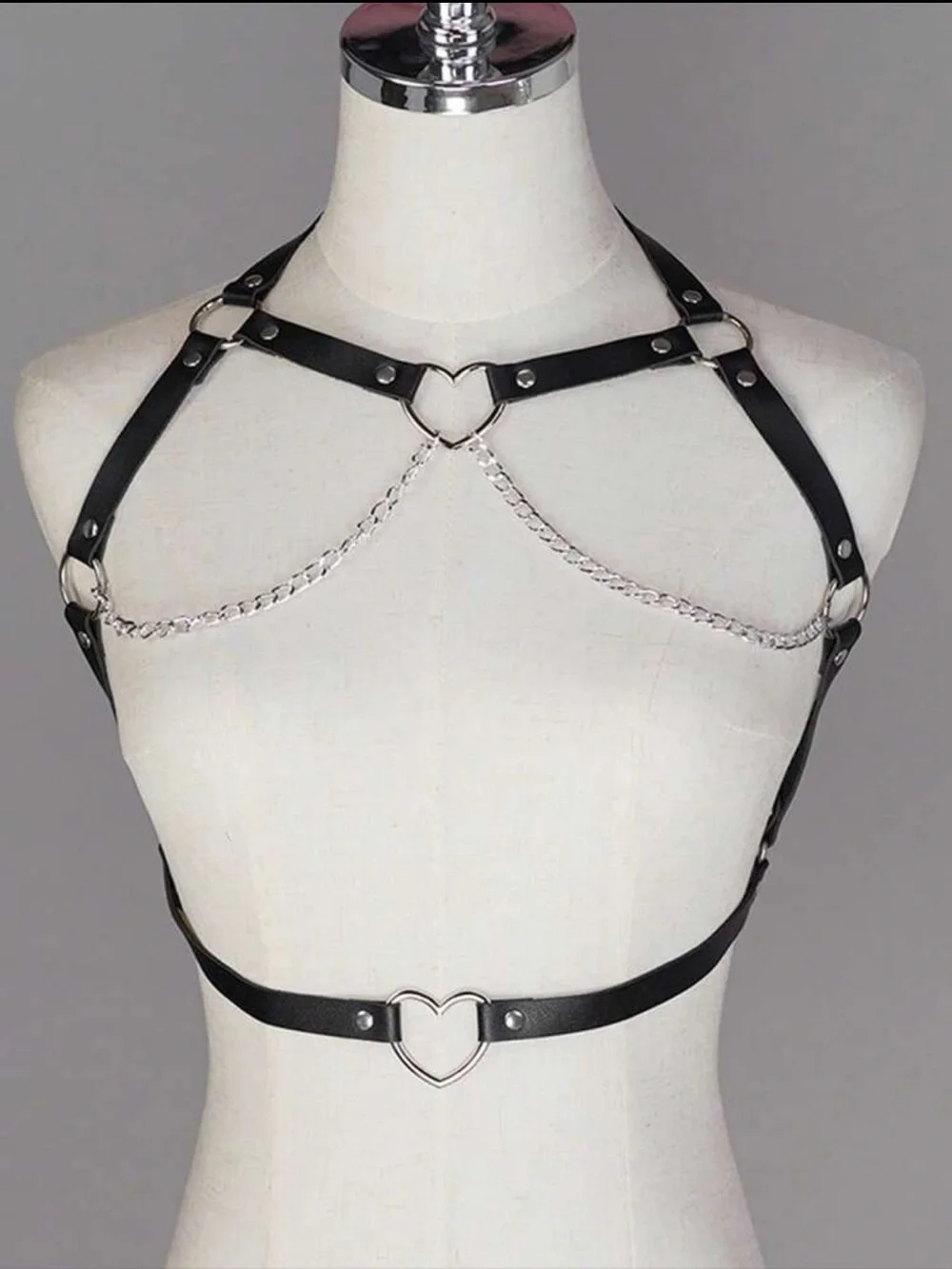 Black Harness with Heart-Buckle Belt and Chain - New